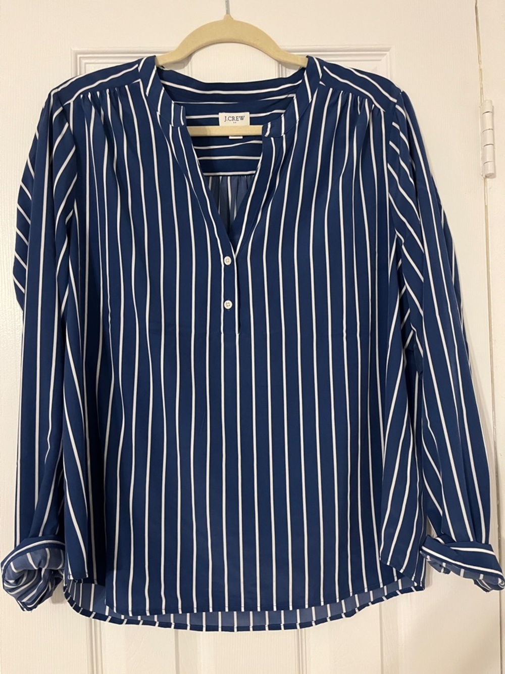 J. Crew Navy and White Vertical Stripe Popover Top